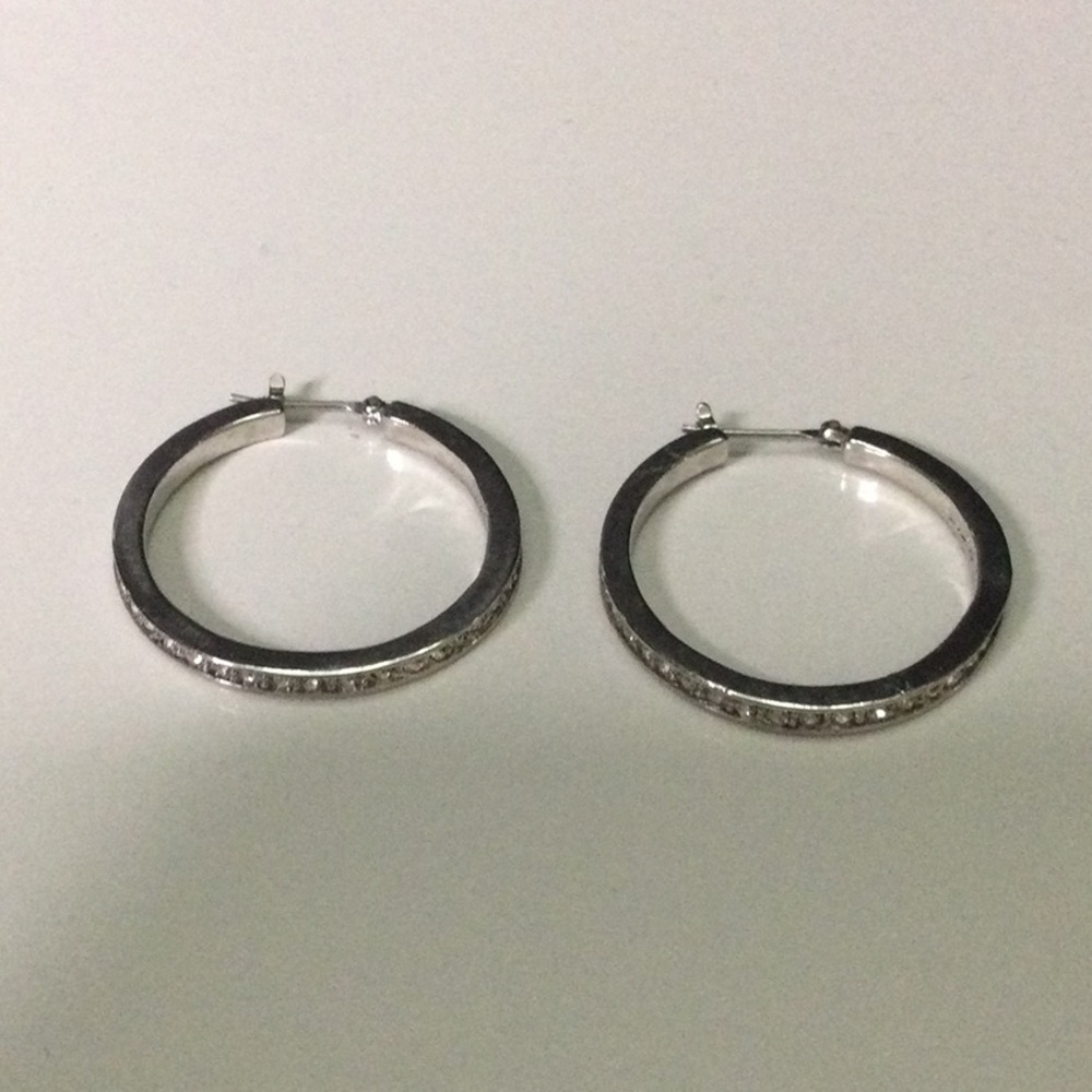Silver Hoops with Faux Diamond Accents and Latch Closure - Picture 2 of 3